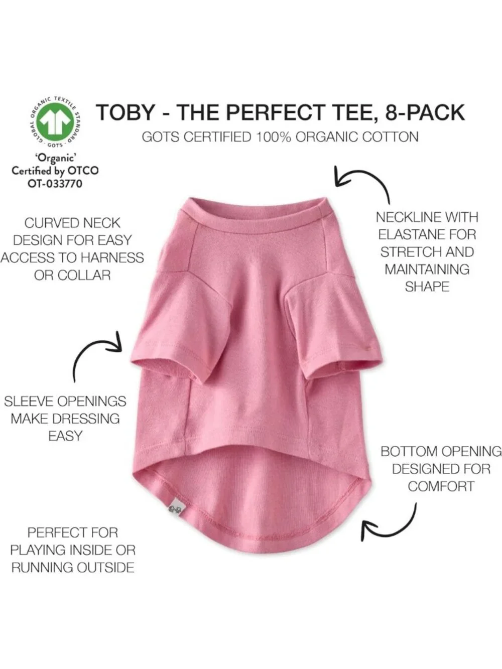 8 Pack Organic Cotton Pet T-Shirts - Short Sleeve Tees for Small to X-Large Dogs